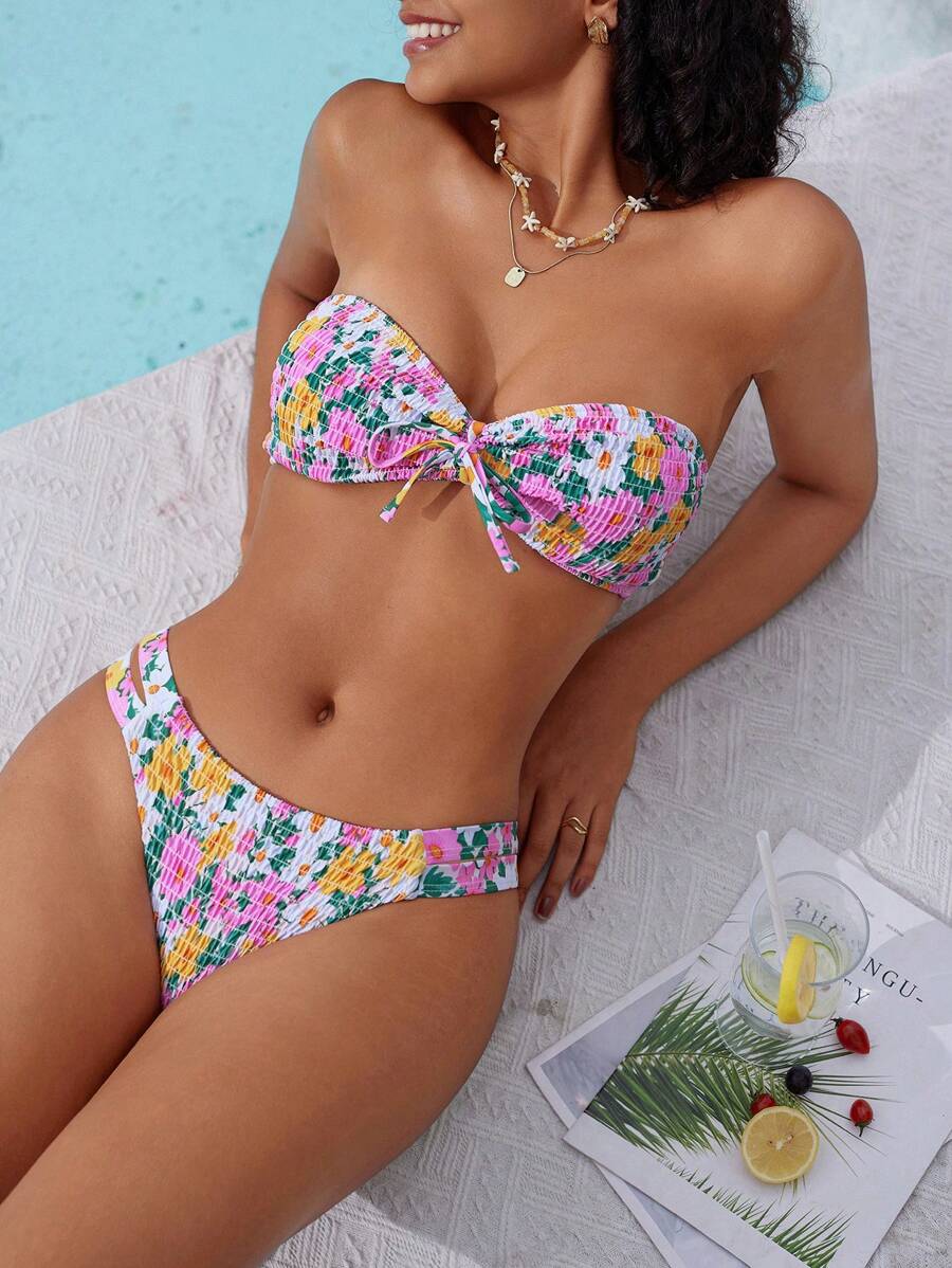 SHEIN Swim 女士夏季海灘小花蕾結收緊比基尼套裝，適合度假，媽媽和我匹配裝 (分開售賣) - 彩色 - 查看 1