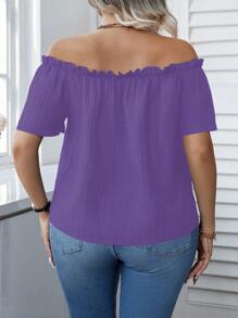 Calvaya Blusa suelta de manga corta con hombros descubiertos y volantes en unicolor para mujer de talla grande - Morado - Ver 2