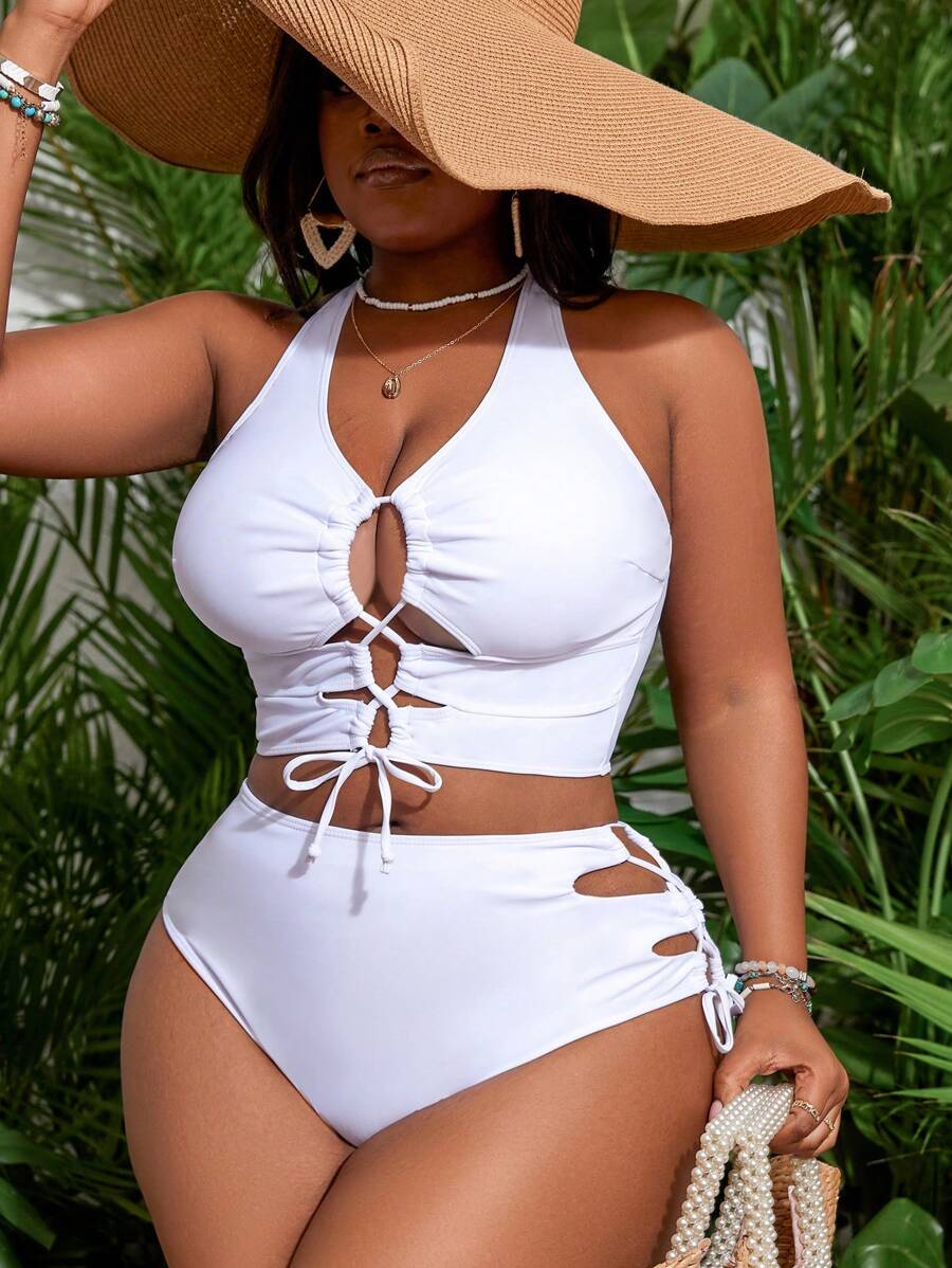 SHEIN Slayr CURVE 大码纯色后背交叉系带镂空简约休闲泳衣套装夏季 - 白色 - 查看 1