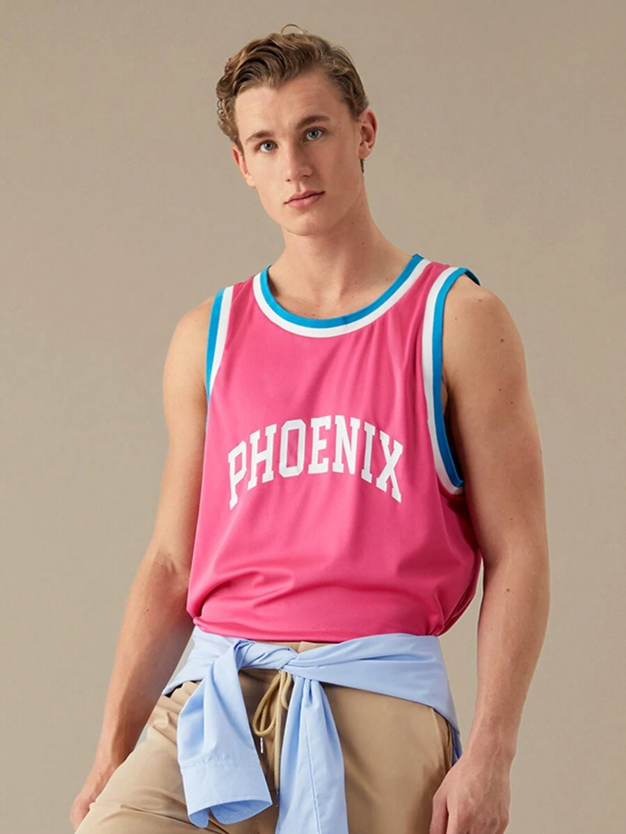 Manfinity RebelGame Camiseta sin mangas con estampado gráfico de letras para hombre, jersey de baloncesto sin mangas, ropa para salir y volver al colegio, regalo para novio, volver al colegio - Rosa - Ver 1