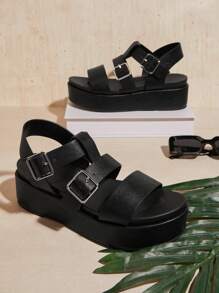 SHUZIA Women's Fashionable Black Platform Sandals With Wedge Heels - Black - View 2