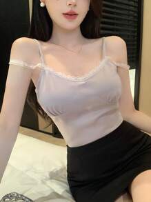 DAZY Áo yếm không tay viền ren màu khối Slim Fit dành cho nữ - Bụi tím - Xem 5