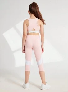 SHEIN Tween Girl Solid Color Simple Daily Sports Outfit - Pink - View 2