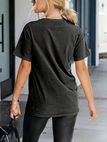 Casual Leopard Print, Lightning Bolt And Letter Graphic Round Neck T-Shirt - Dark Grey - View 2