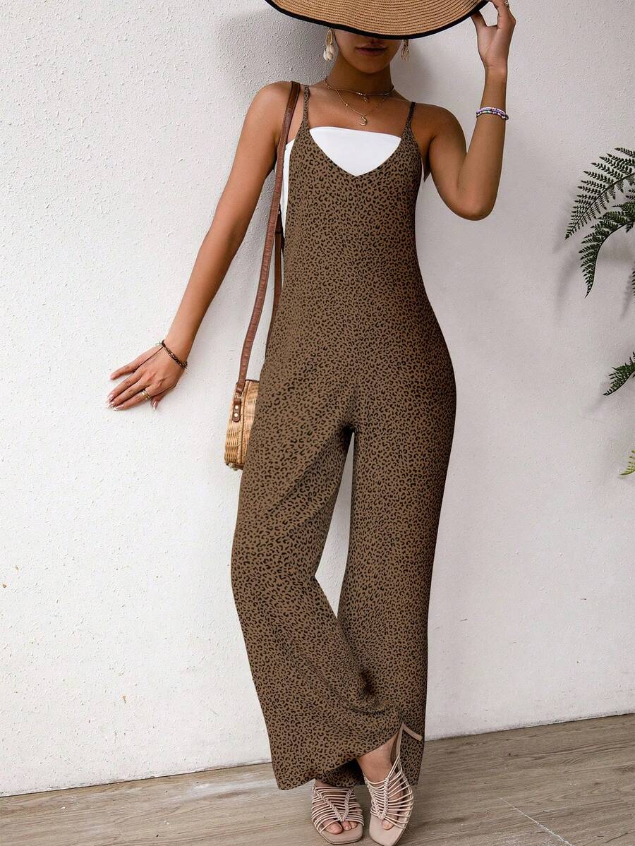 SHEIN LUNE Damski letni kombinezon w panterkę, na co dzień z paskiem typu spaghetti - Kolor khaki - Zobacz 1