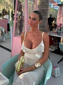 SHEIN BAE Women's Spaghetti Strap V-Neck See-Through Mesh Texture Crochet 3d Flower Maxi Mermaid Dress - Beige - View 1