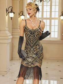 女士优雅花卉亮片细肩带 1920 年代复古连衣裙鸡尾酒会半正式舞会婚礼宾客礼服，适合生日、毕业典礼、晚宴、返校节派对礼服