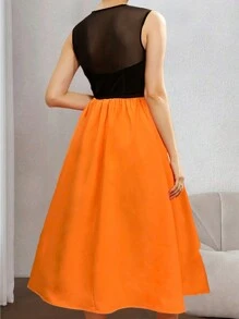 SHEIN Clasi 女士純色網眼拼接無袖連衣裙 - 亮橙色 - 查看 1