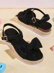 Mini mi Schwarze niedliche und rutschfeste Plateau-Espadrillesandalen für Mädchen im Sommer - bequem mit Schleife, verstellbarem Knöchelriemen und weißer Sohle