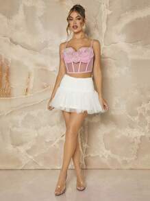 SHEIN Unity 花卉贴花短款网布拼接吊带紧身胸衣上衣 - 粉色 - 查看 3