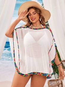 SHEIN Swim Curve Camisa de playa de verano de talla grande con flores de ganchillo y estilo holgado con manga murciélago