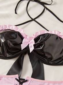 SHEIN Women Sexy Lace-Up Bow Decor Bra And Thong Set, With Garter Belt And Over Knee Stockings As Color-Contrasting Lingerie Party Costume