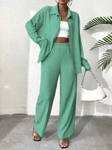 RueChic مجموعة قميص نسائي بأكمام طويلة وبنطلون بلون سادة للإستخدام اليومي وبسيطة