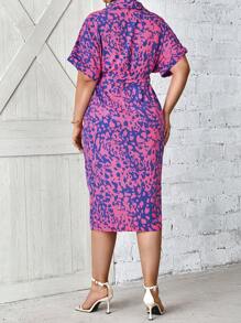 SHEIN CURVE+ Plus Size Women's Summer Batwing Sleeve Allover Print Waist Tied Casual Dress