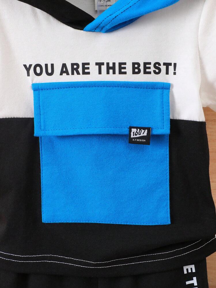 Baby Boy Black White Blue Splice Hooded English Letter Printed Knitted Set