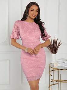 SHEIN Lady Vestido de encaje rosa para mujer con cuello redondo, mangas abullonadas y estilo ajustado - Rosa vieja - Ver 3
