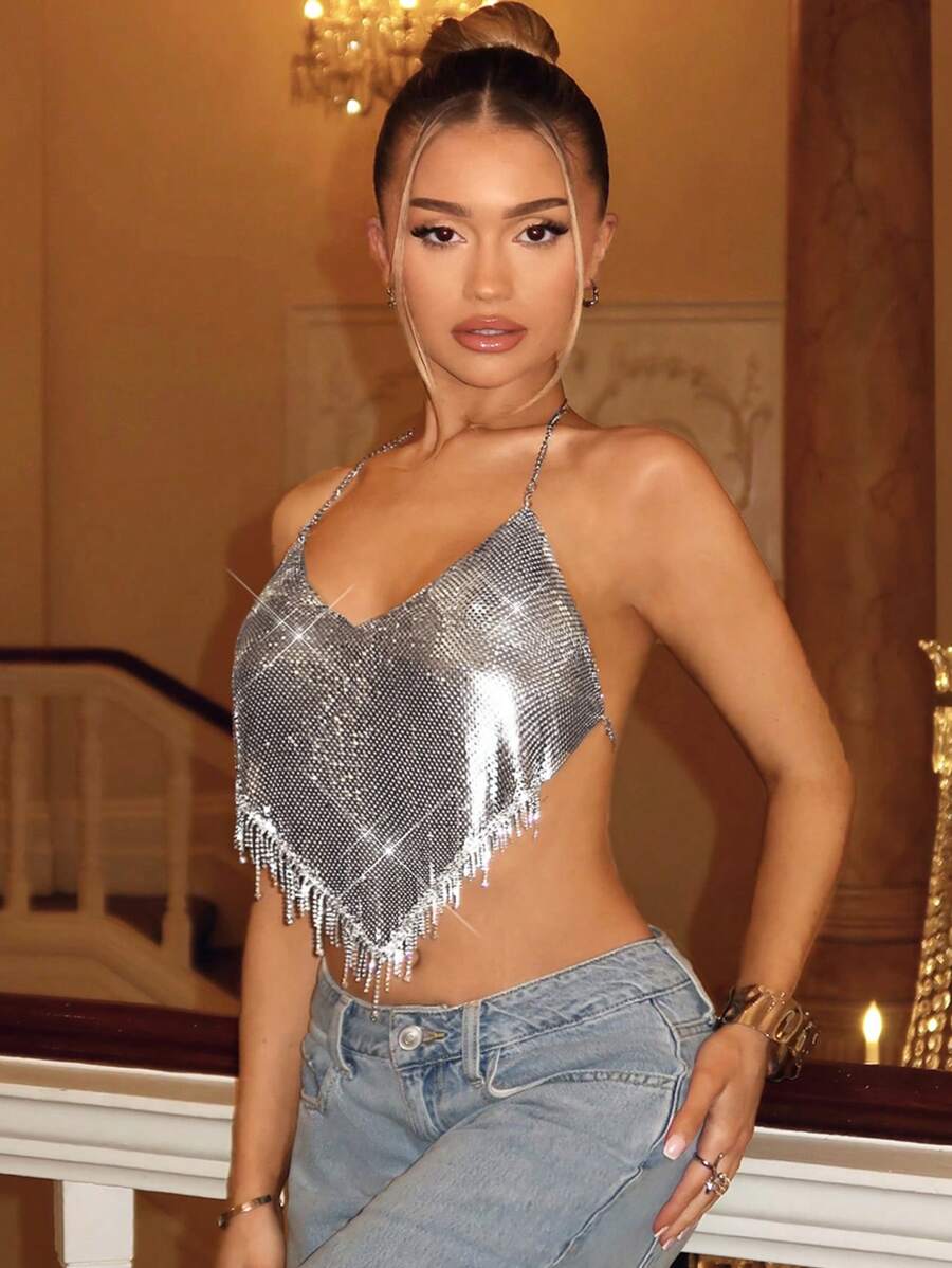 SHEIN BAE Ladies' Solid Metal Silver Delicate & Gorgeous Rhinestone Fringe Decoration Music Festival Summer Shimmering Clubwear Cami Top