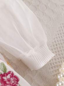 Baby Girl Elegant Flower Printed Mesh Contrast Puff Sleeve Waist-Cinched Dress, Summer - White - View 6