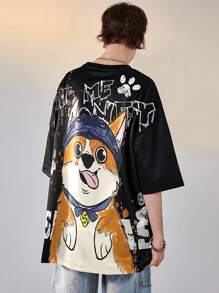 Men's Summer Casual Cartoon Letter Print Drop Shoulder Oversized T-Shirt - Black - View 1