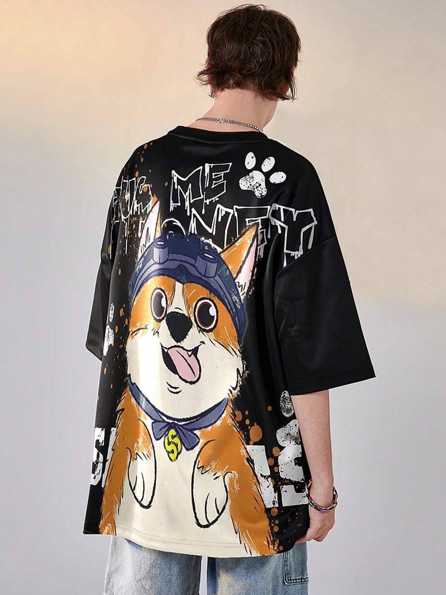 Men's Summer Casual Cartoon Letter Print Drop Shoulder Oversized T-Shirt - Black - View 1