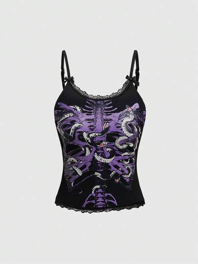 Dark Gothic Skeleton & Snake Printed Slim-Fit Women Tank Top