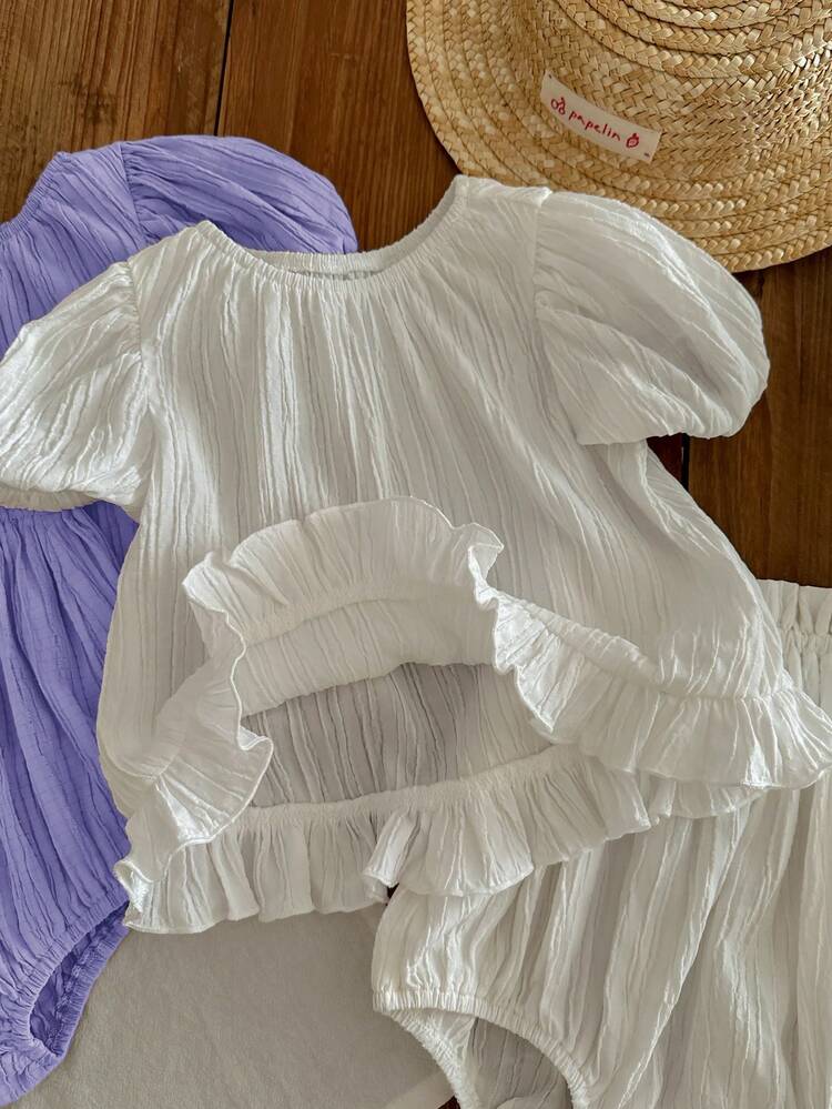 Baby Girl Simple Solid Color Textured Short Sleeve Top & Elastic Waist Shorts 4pcs Set, Suitable For Summer