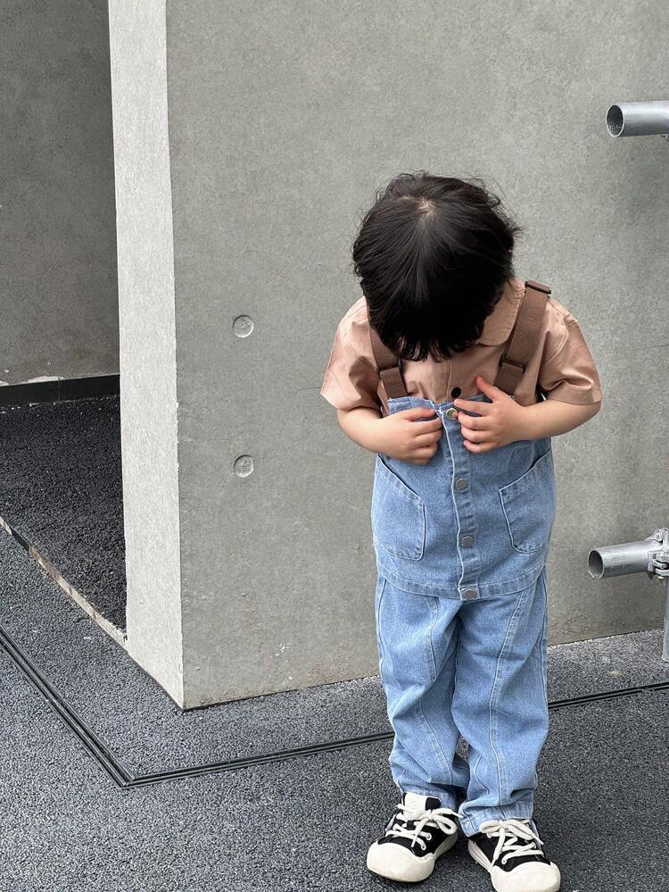 3pcs Baby Boys' Denim Vest Set, With Casual Short-Sleeved T-Shirt And Fashion Denim Pants With Drop Shoulder