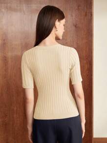 BizChic Women's Solid Color Round Neck Single-Breasted Casual Short Sleeve Knit Top, Summer - Khaki - View 2