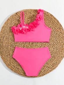 年轻女孩纯色 3D 花朵装饰比基尼套装，夏季新品 - 粉色 - 查看 2