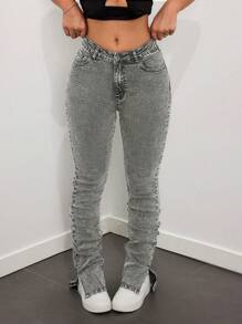 SHEIN ICON High Waisted Flared Jeans With Slit Hem - Light Grey - View 4