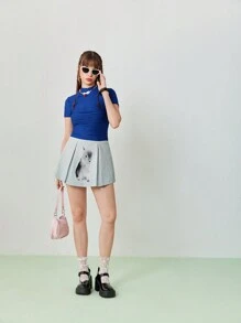 SHEINNeu Wąski damski letni, krótki t-shirt z teksturowanej tkaniny z okrągłym dekoltem - Niebieski - Zobacz 4