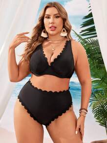 SHEIN Swim Curve 夏季海滩大码女式纯色简约日常比基尼套装 - 黑色 - 查看 6