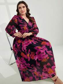Modelyn Elegantes Kleid in großen Größen mit Ballonärmeln und floralem Allover-Muster mit geraffter Taille, Frühling/Sommer - Verschiedenfarbig - Übersicht 5