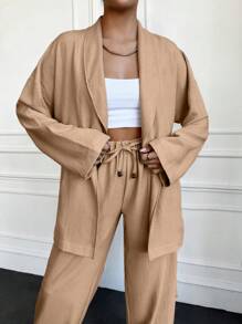 SHEIN Cottnline Beige Two Pieces Sets - Mocha Brown - View 3