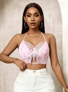 Zolique 蝴蝶刺繡露背背心，夏季必備 - 粉色 - 查看 4