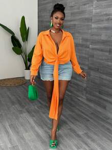 Slaydiva Plus Size Holiday & Elegant Commuting Sexy Plain Orange Deep V-Neck Pleated Belted Shirt, Spring/Summer-E - Orange - View 4