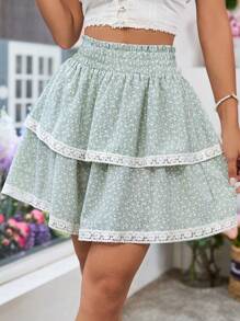 Breezaya Women's Ditsy Floral Patchwork Lace Trim Midi Skirt - Green - View 6