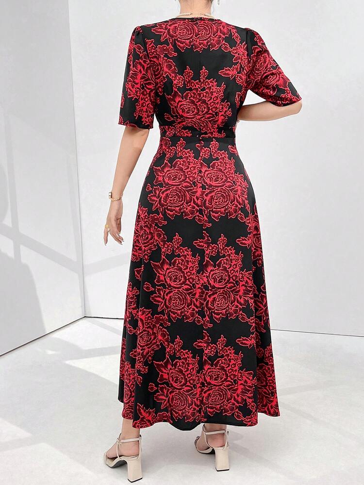 Women's Round Neck Single-Breasted Flower Printed Casual Short Sleeve Summer Dress