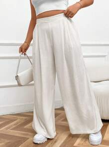 SHEIN Frenchy Plus Size Casual Earthy Clothes Elastic Waist Straight Leg Pants - Apricot - View 3