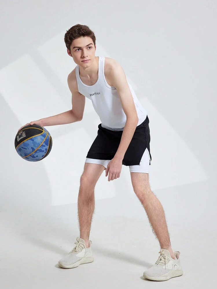 Teen Boy Summer Casual Letter Print Vest And Color Block Shorts Set, Sports Outfits