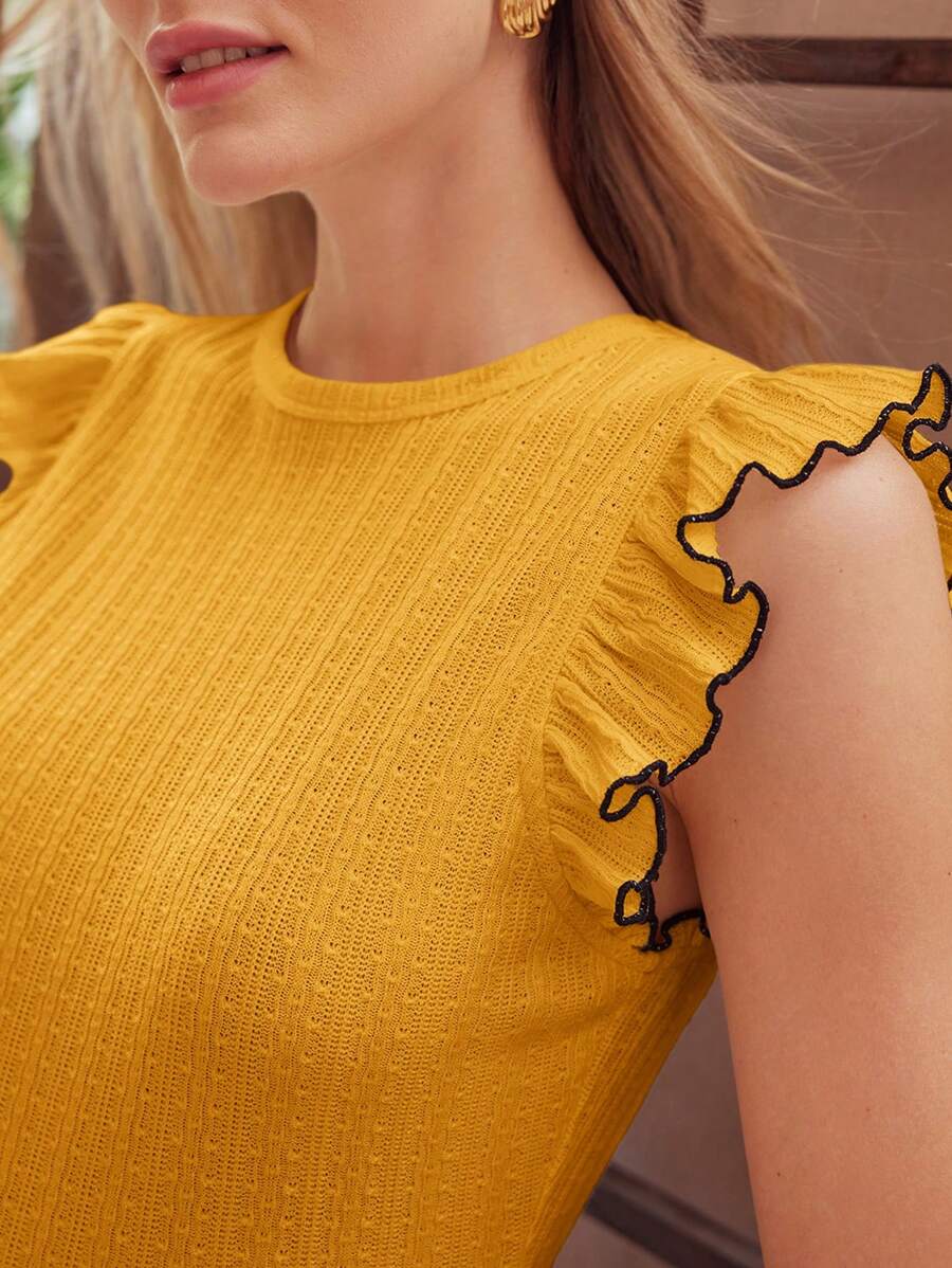 MOTF PREMIUM CONTRAST LETTUCE TRIM RUFFLE ARMHOLE TEXTURED TEE - Yellow - View 2