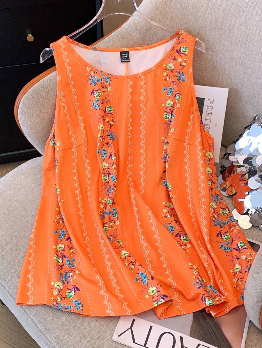 SHEIN Holidaya 大尺碼圓領印花休閒無袖背心和上衣，夏季穿著
