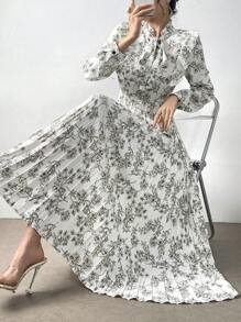 Mulvari Women's Spring/Summer Floral Print Ruffle Hem Belted Long Sleeve Pleated Hem Elegant Dress Maxi Women Outfit