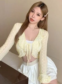 DAZY 纯色荷叶边饰带前襟短款衬衫节日长袖上衣 - 杏色 - 查看 3