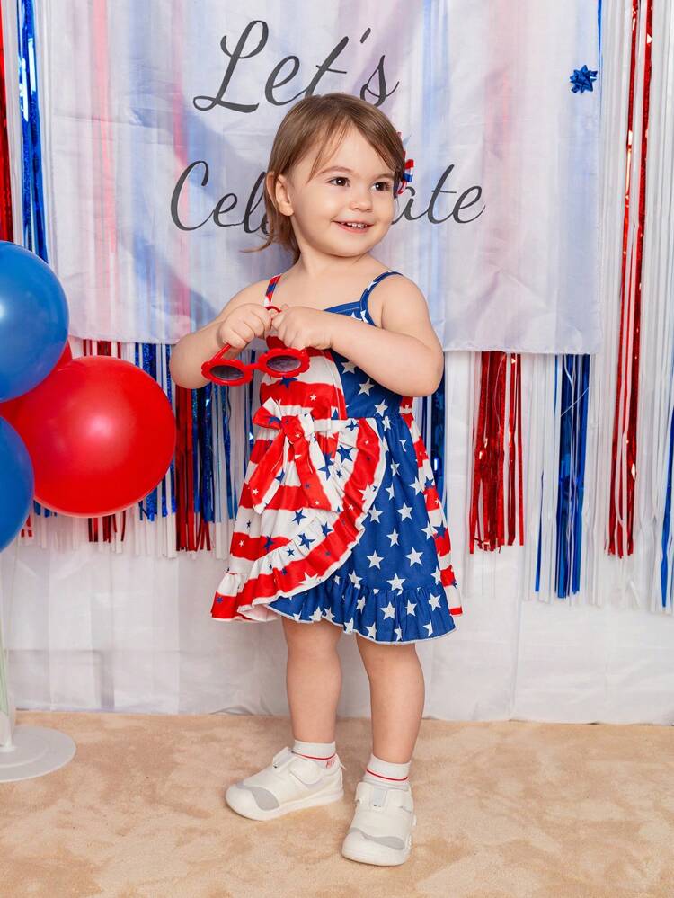 Baby Girls' Casual And Elegant Striped Star Pattern Patchwork Sleeveless Dress, Suitable For Independence Day In Spring And Summer