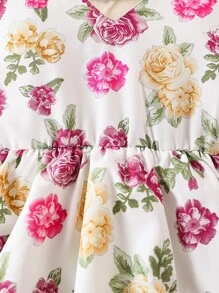 Baby Girl Elegant Flower Printed Mesh Contrast Puff Sleeve Waist-Cinched Dress, Summer - White - View 3