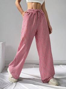 SHEIN EZwear 格紋印花編織女褲 - 紅色 - 查看 4