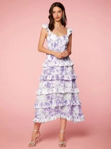 Enchnt Women's Summer Elegant Floral Allover Print Multilayered Ruffle Sleeveless Dress