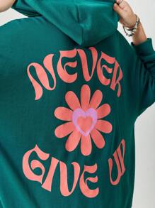 SHEINNeu Women's Casual Long Sleeve Floral Letter Print Green Loose Hoodie - Green - View 4