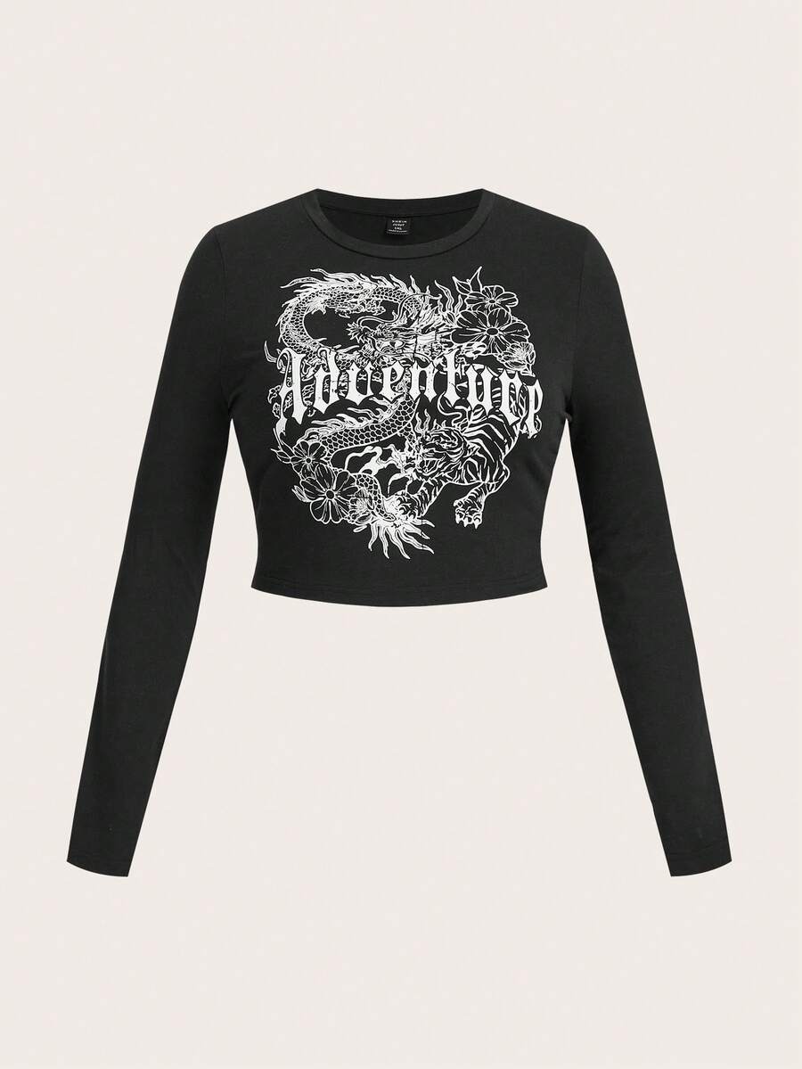 SHEIN Slayr 大碼動物和字母圖案短款T恤 - 黑色 - 查看 1